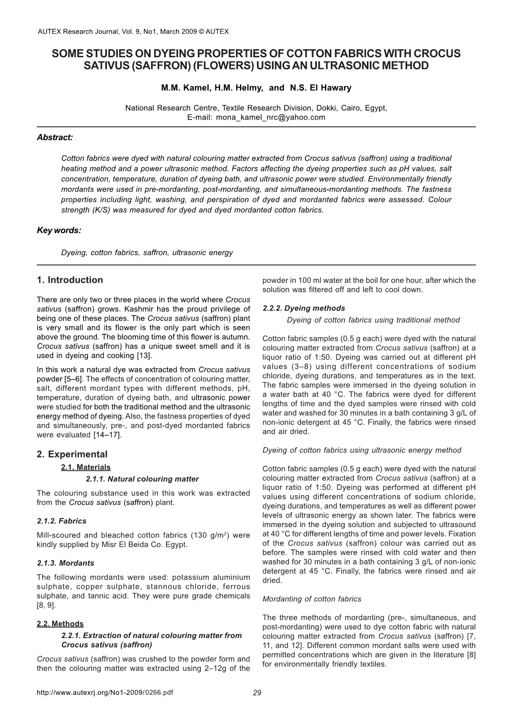 Some Studies on Dyeing Properties of Cotton Fabrics with Crocus Sativus (Saffron) (Flowers) Using an Ultrasonic Method