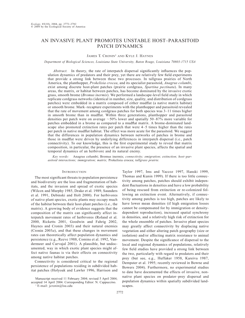 An Invasive Plant Promotes Unstable Host–Parasitoid