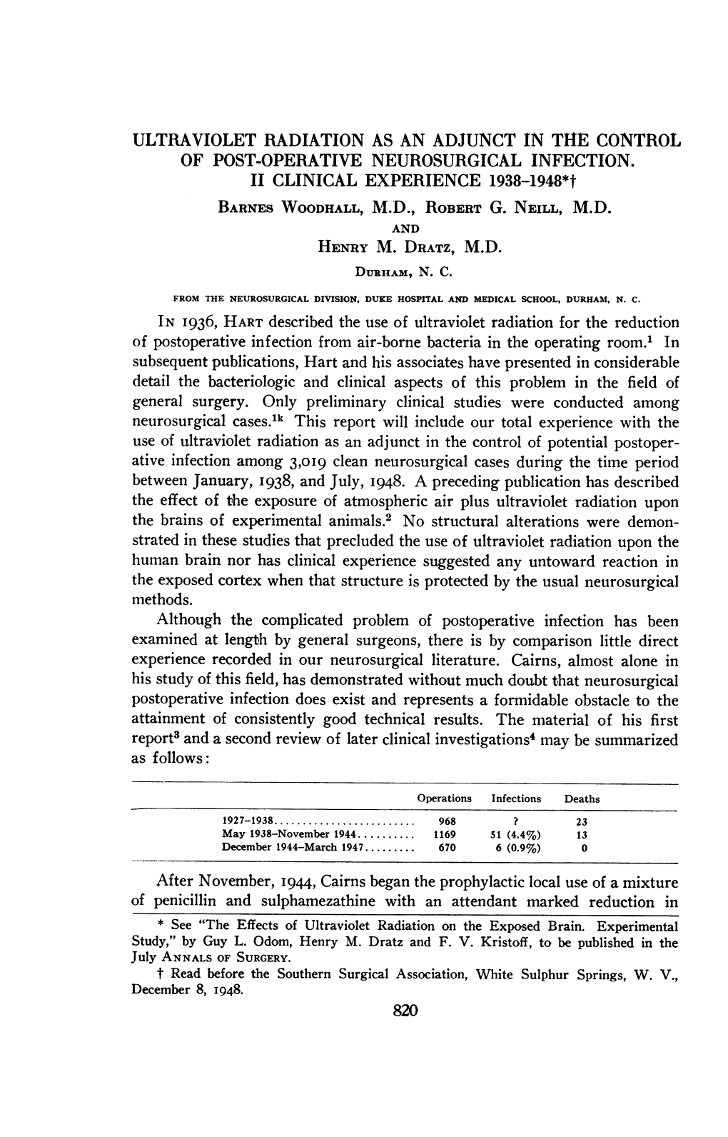 ULTRAVIOLET RADIATION AS an ADJUNCT in the CONTROL of POST-OPERATIVE NEUROSURGICAL INFECTION. II CLINICAL EXPERIENCE 1938-1948*T BARNES WOODHALL, M.D., ROBERT G