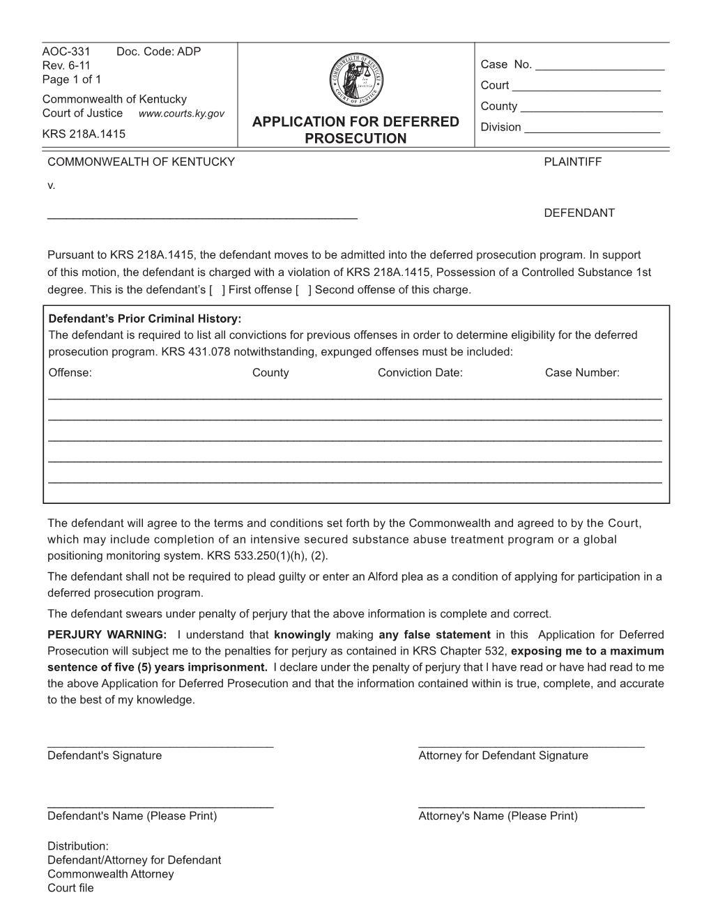 Application for Deferred Prosecution