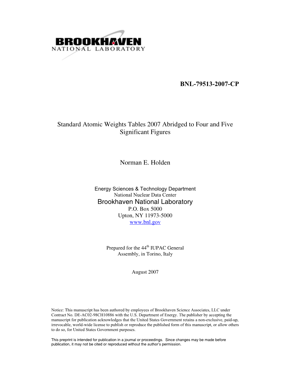 BNL-79513-2007-CP Standard Atomic Weights Tables 2007 Abridged To