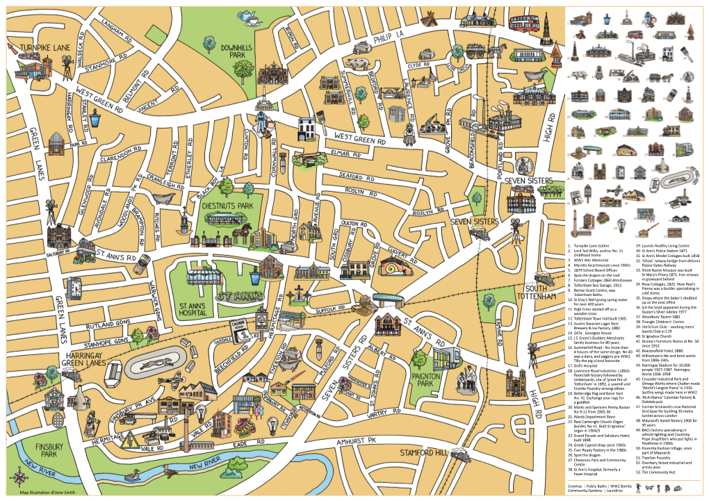 Map Illustration ©Jane Smith Community Gardens | Laundries Harringay Stadium Photo: from ©English Heritage