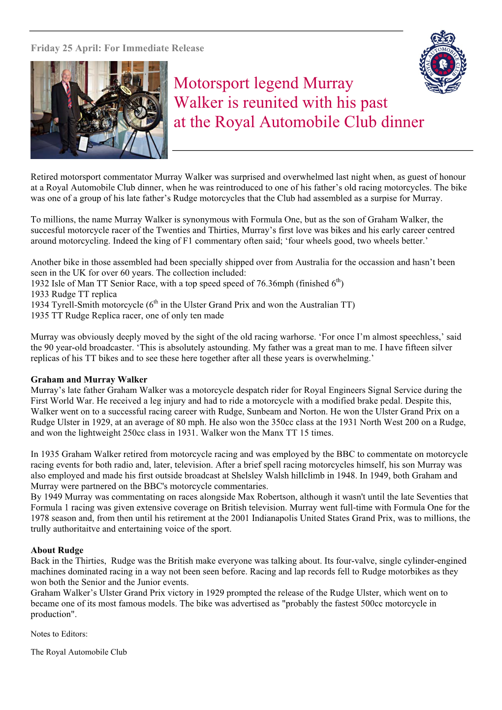 Motorsport Legend Murray Walker Is Reunited with His Past at the Royal Automobile Club Dinner