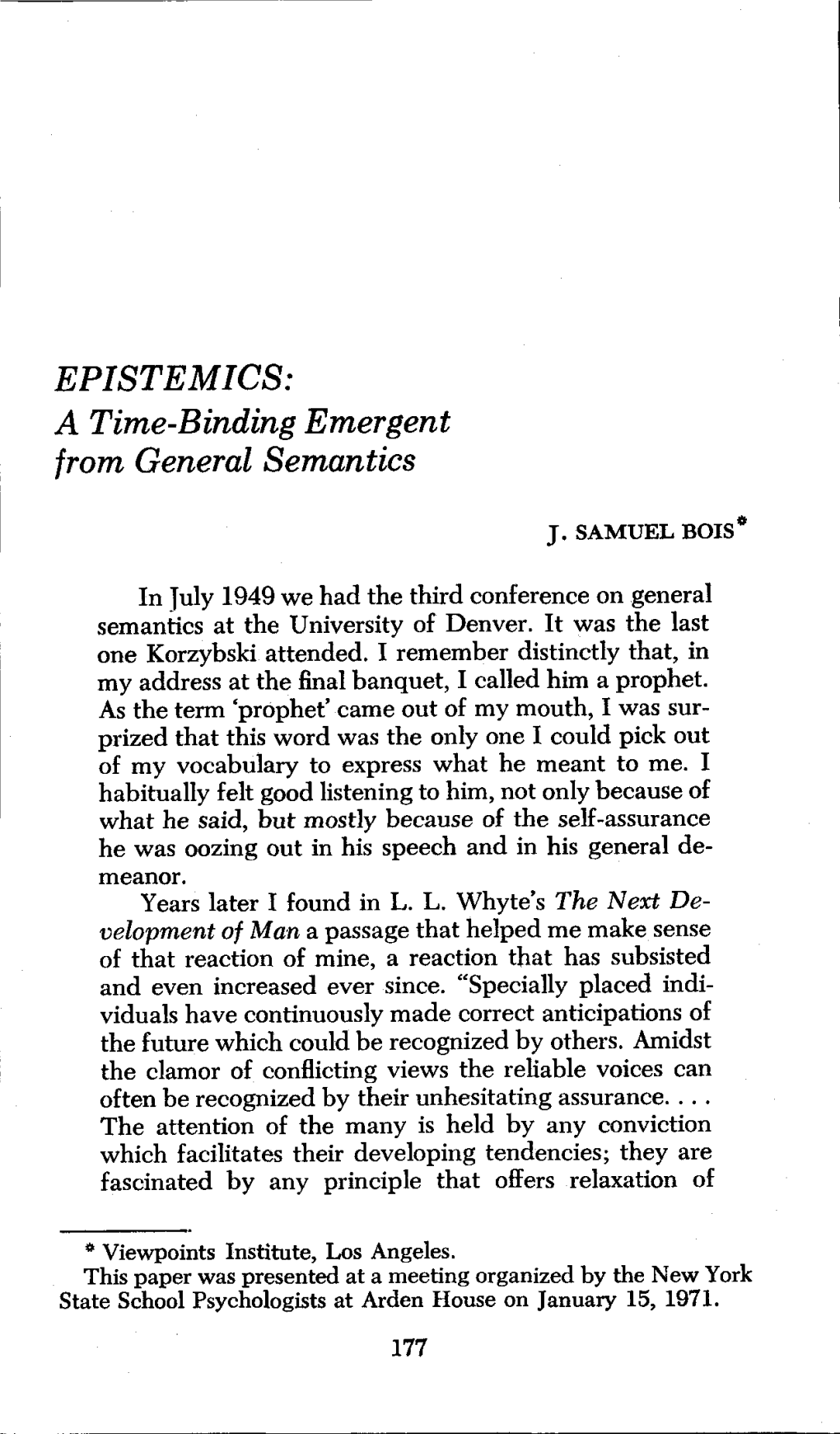 EPISTEMICS: a Time-Binding Emergent from General Semantics