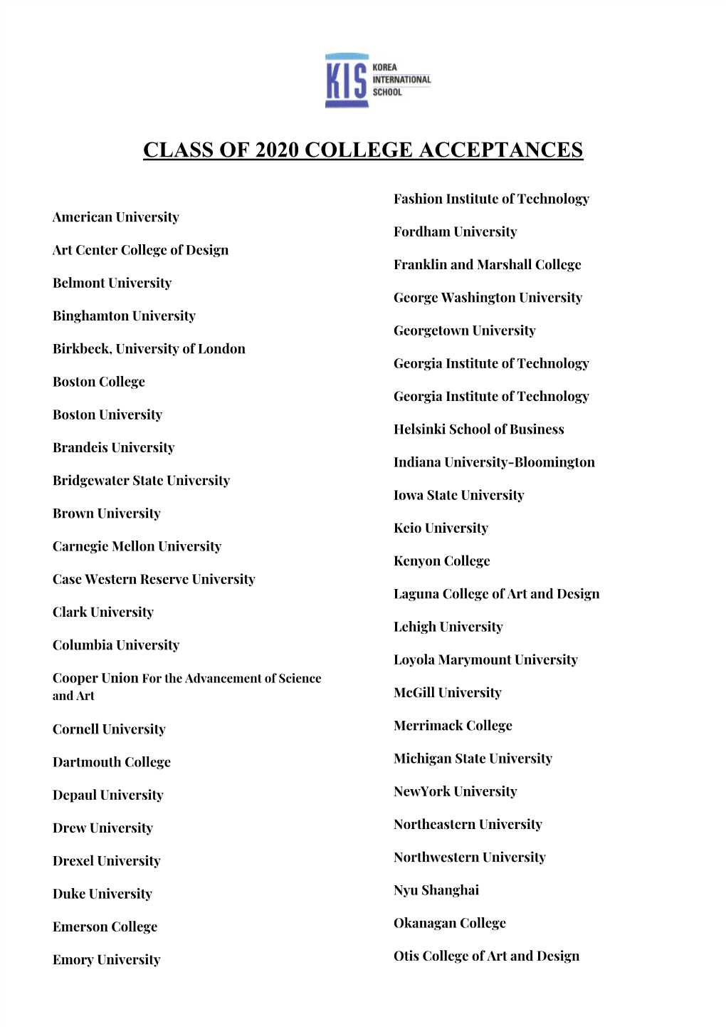 Class of 2020 College Acceptances