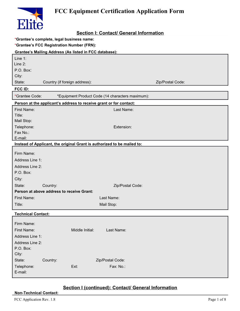 FCC Equipment Certification Application Form