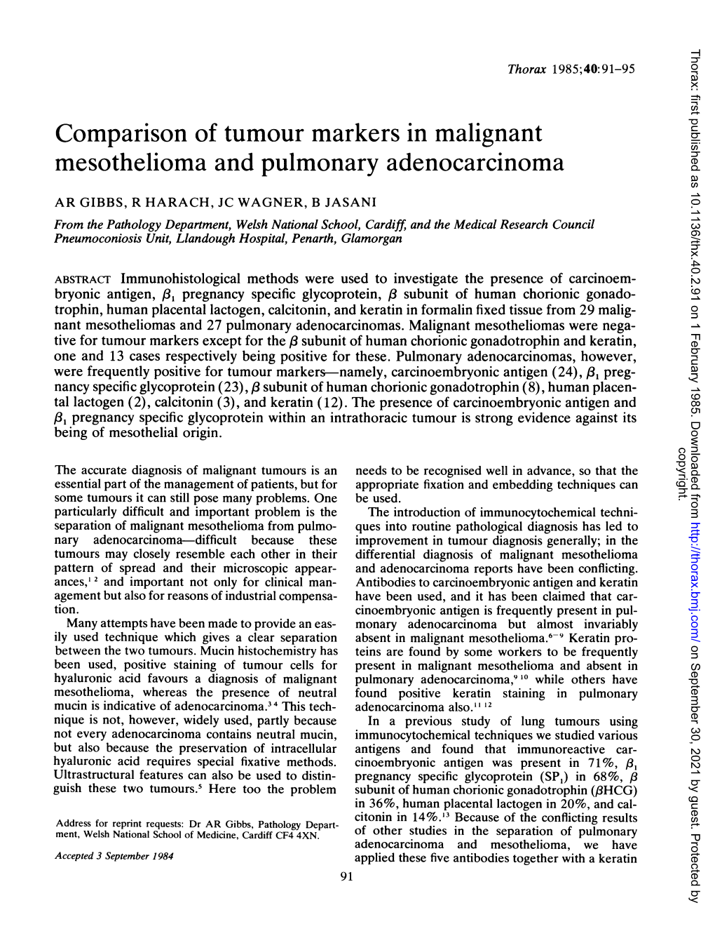 Comparison of Tumour Markers in Malignant Mesothelioma and Pulmonary Adenocarcinoma