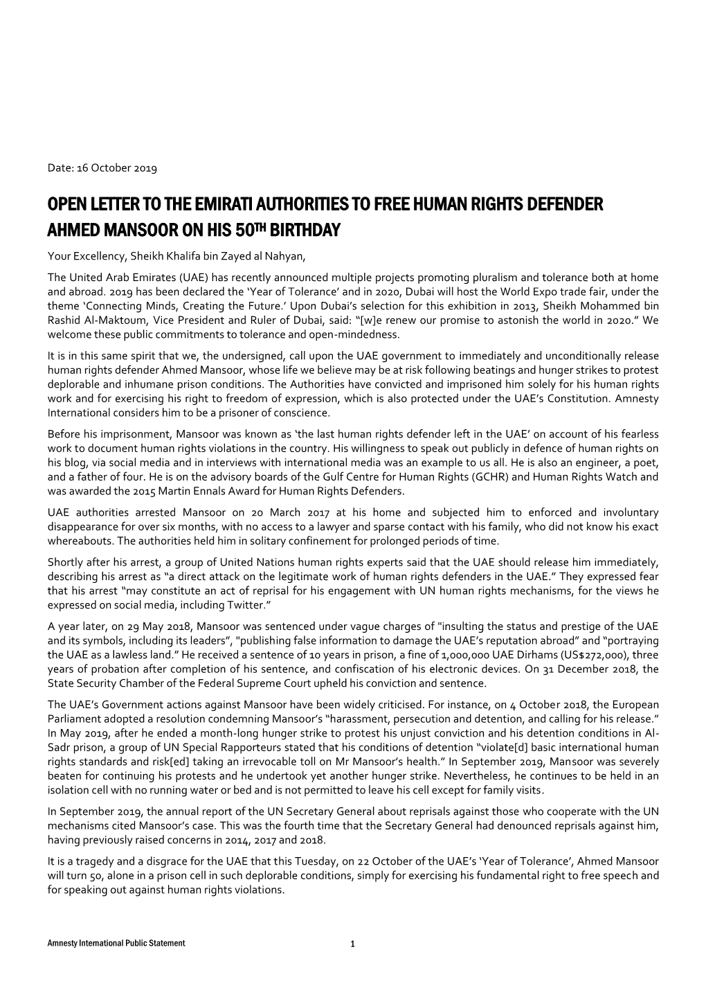 Amnesty Public Statement