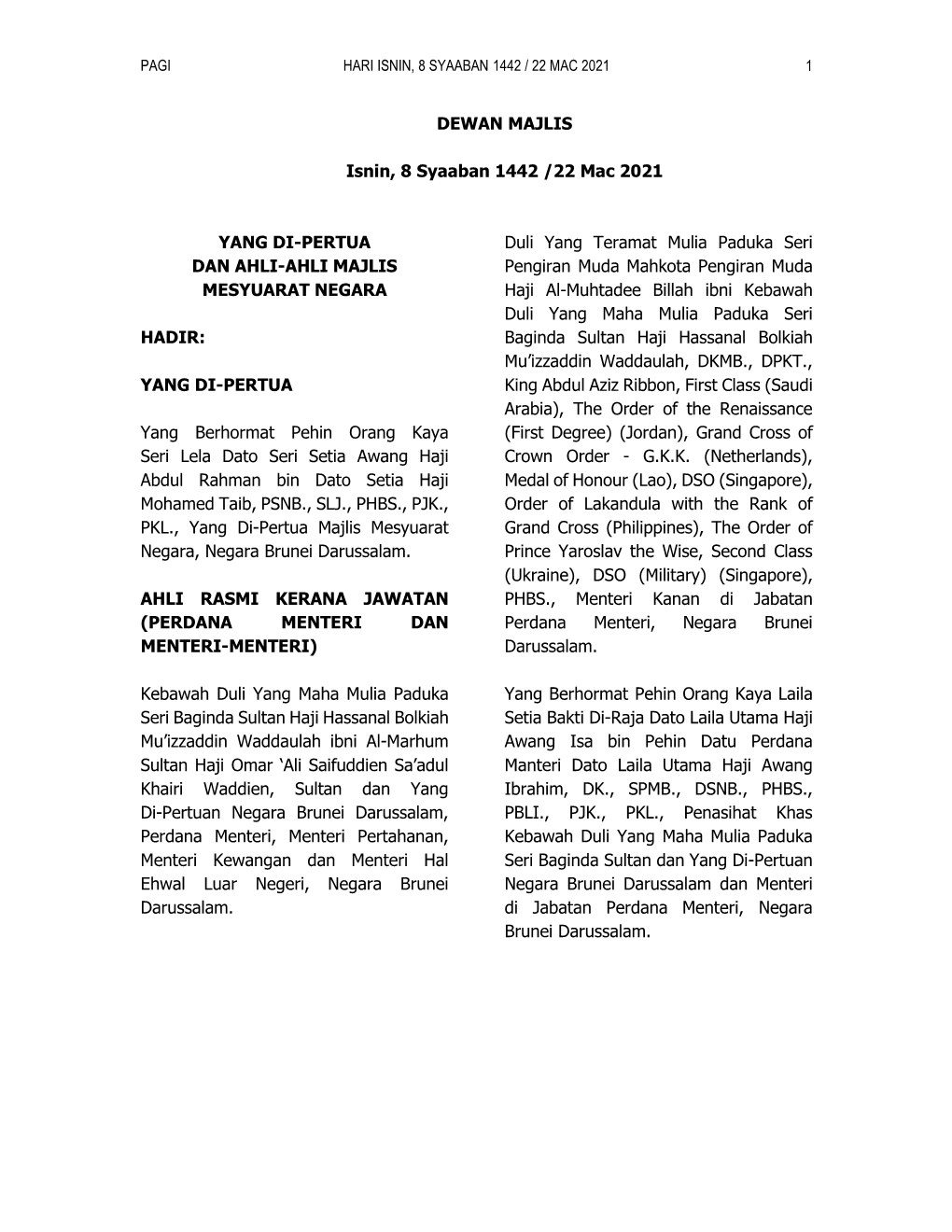 Laporan Penuh (Hansard) 22 Mac 2021