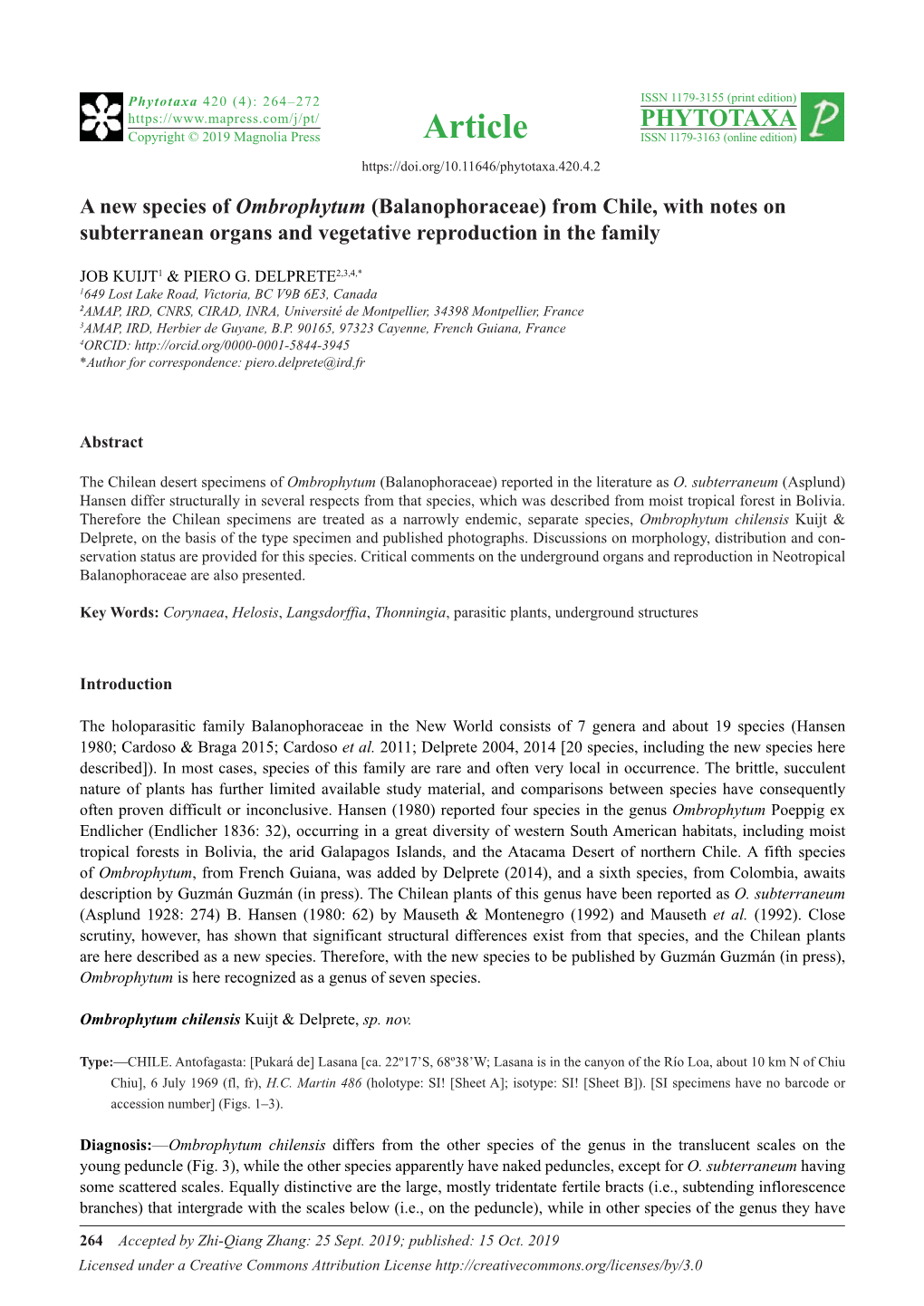 A New Species of Ombrophytum (Balanophoraceae) from Chile, with Notes on Subterranean Organs and Vegetative Reproduction in the Family