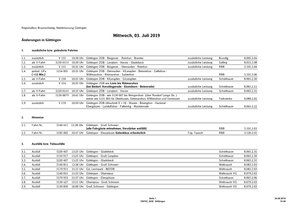 Mittwoch, 03. Juli 2019 Änderungen in Göttingen