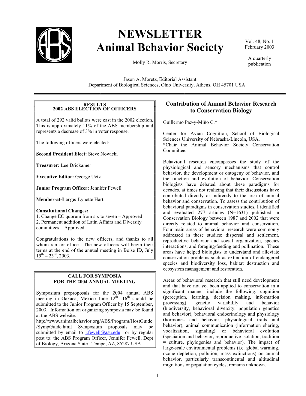 NEWSLETTER Animal Behavior Society