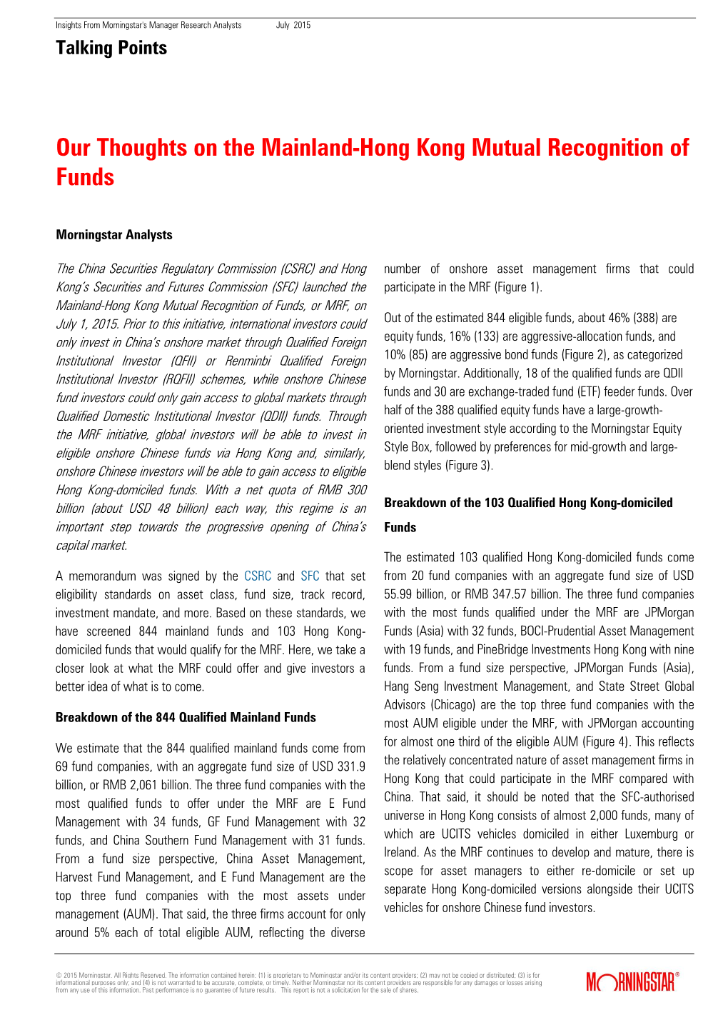 Our Thoughts on the Mainland-Hong Kong Mutual Recognition of Funds