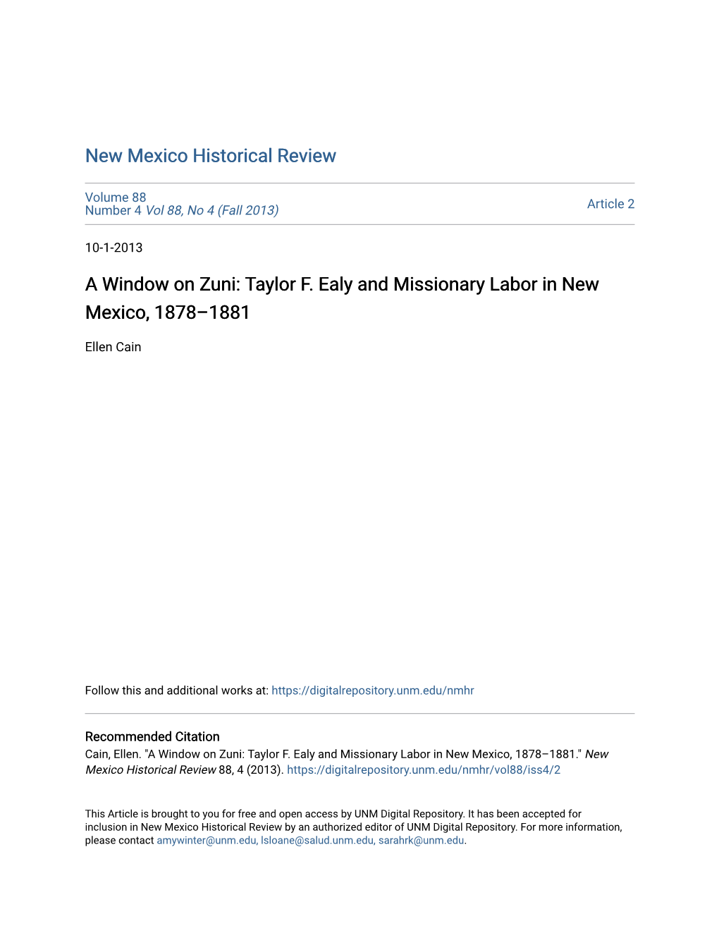 A Window on Zuni: Taylor F. Ealy and Missionary Labor in New Mexico, 1878–1881