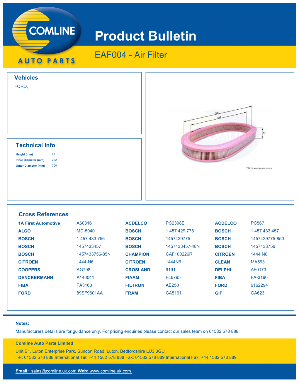 Product Bulletin EAF004 - Air Filter