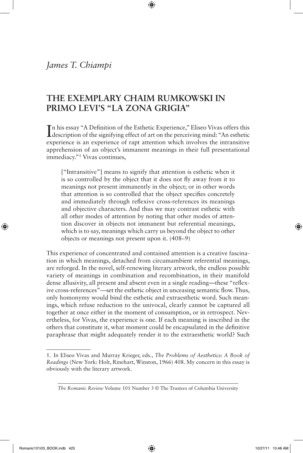James T. Chiampi the EXEMPLARY CHAIM RUMKOWSKI in PRIMO LEVI's