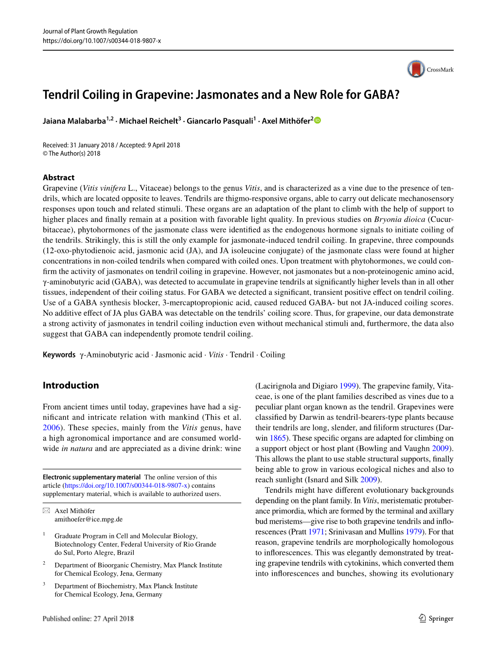 Tendril Coiling in Grapevine: Jasmonates and a New Role for GABA?