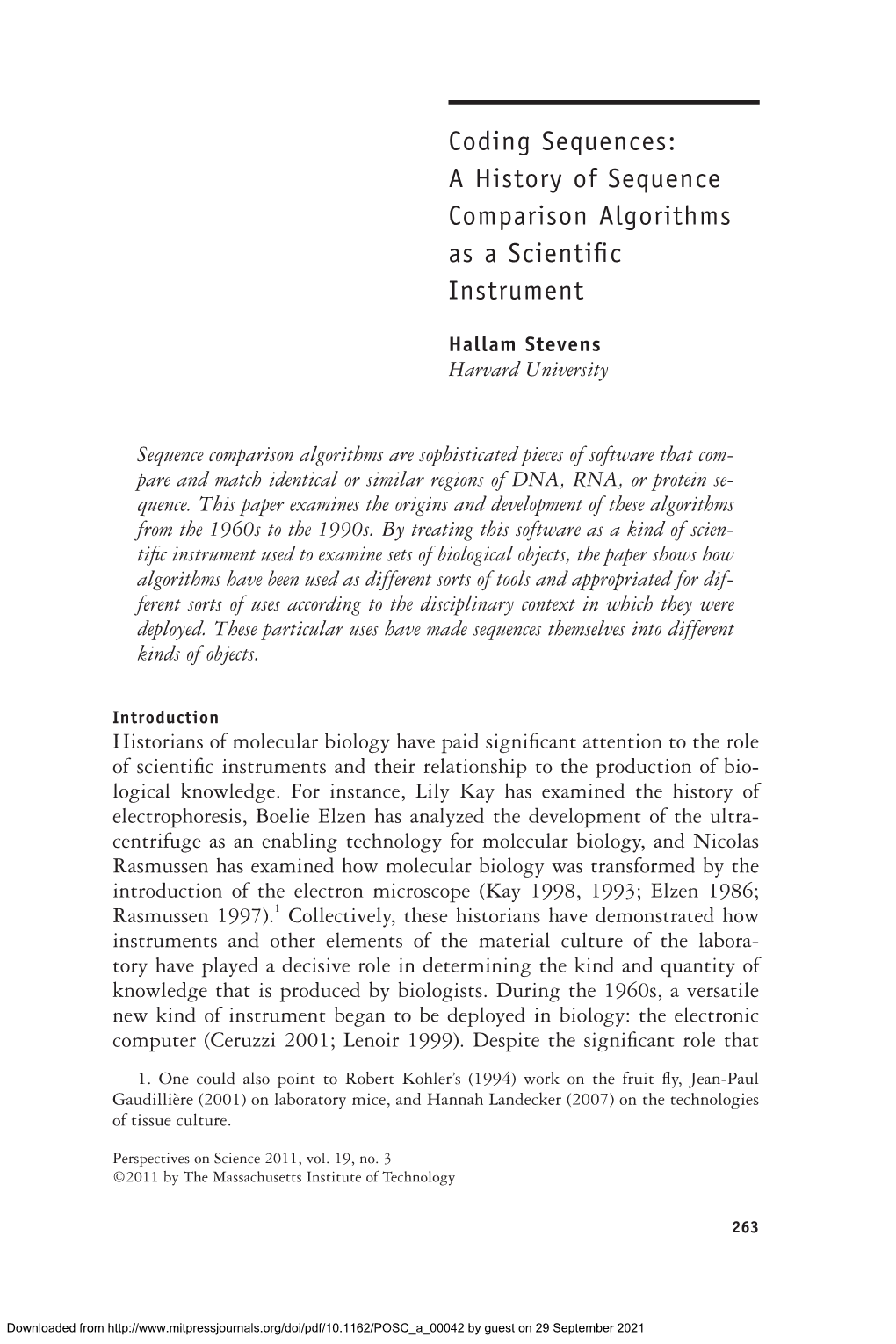 Coding Sequences: a History of Sequence Comparison Algorithms As a Scientiªc Instrument