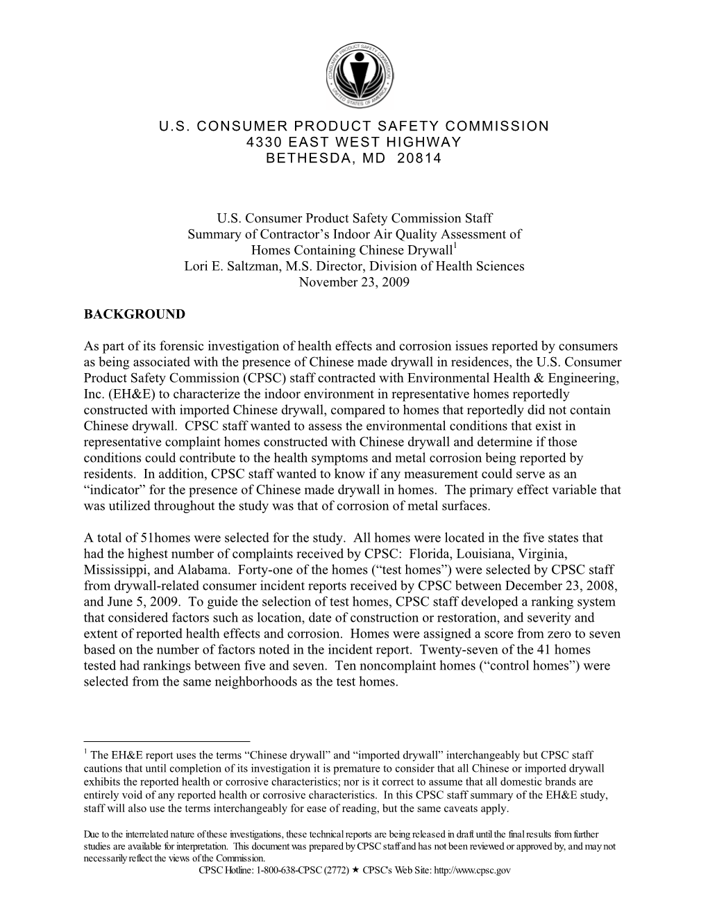 IEQ Assessment Residences Containing Chinese Drywall