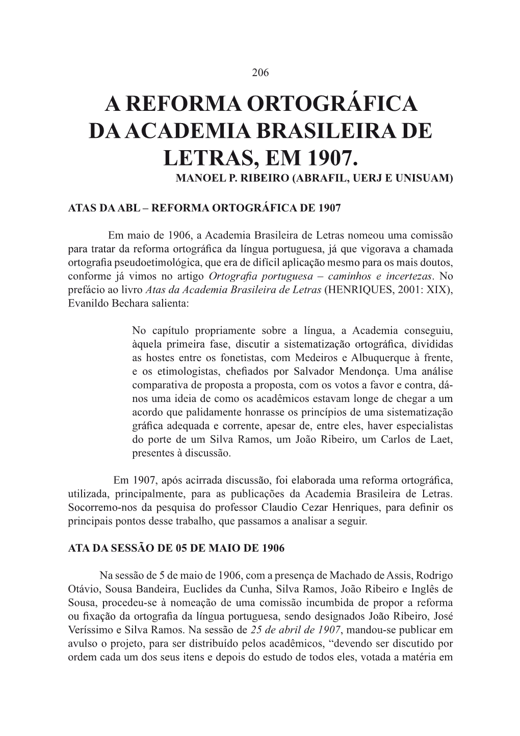 A Reforma Ortográfica Da Academia Brasileira De Letras, Em 1907