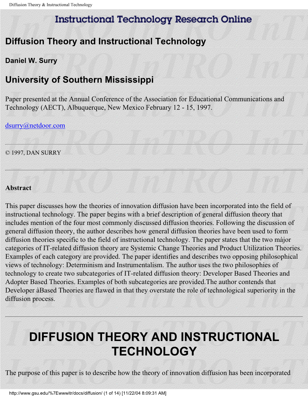 Diffusion Theory & Instructional Technology