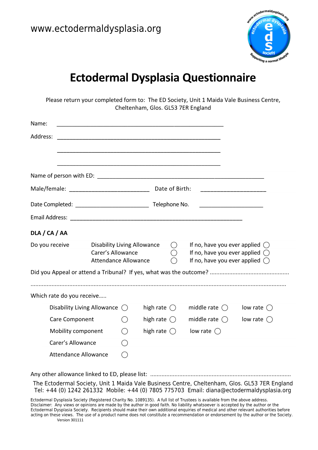 Ectodermal Dysplasia Questionnaire