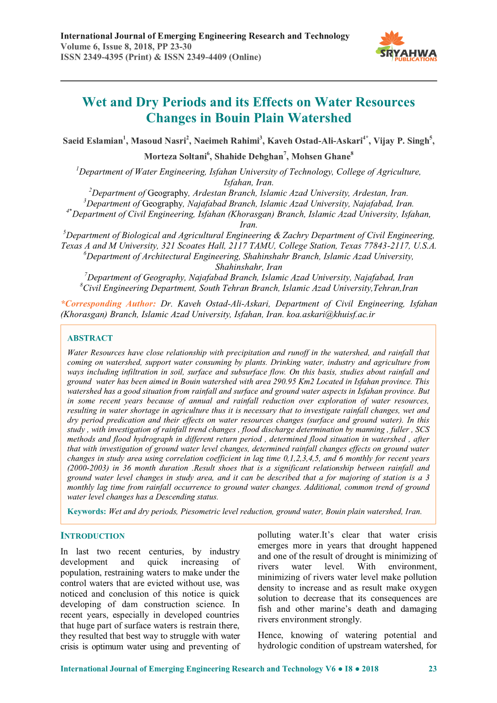 Wet and Dry Periods and Its Effects on Water Resources Changes in Bouin Plain Watershed