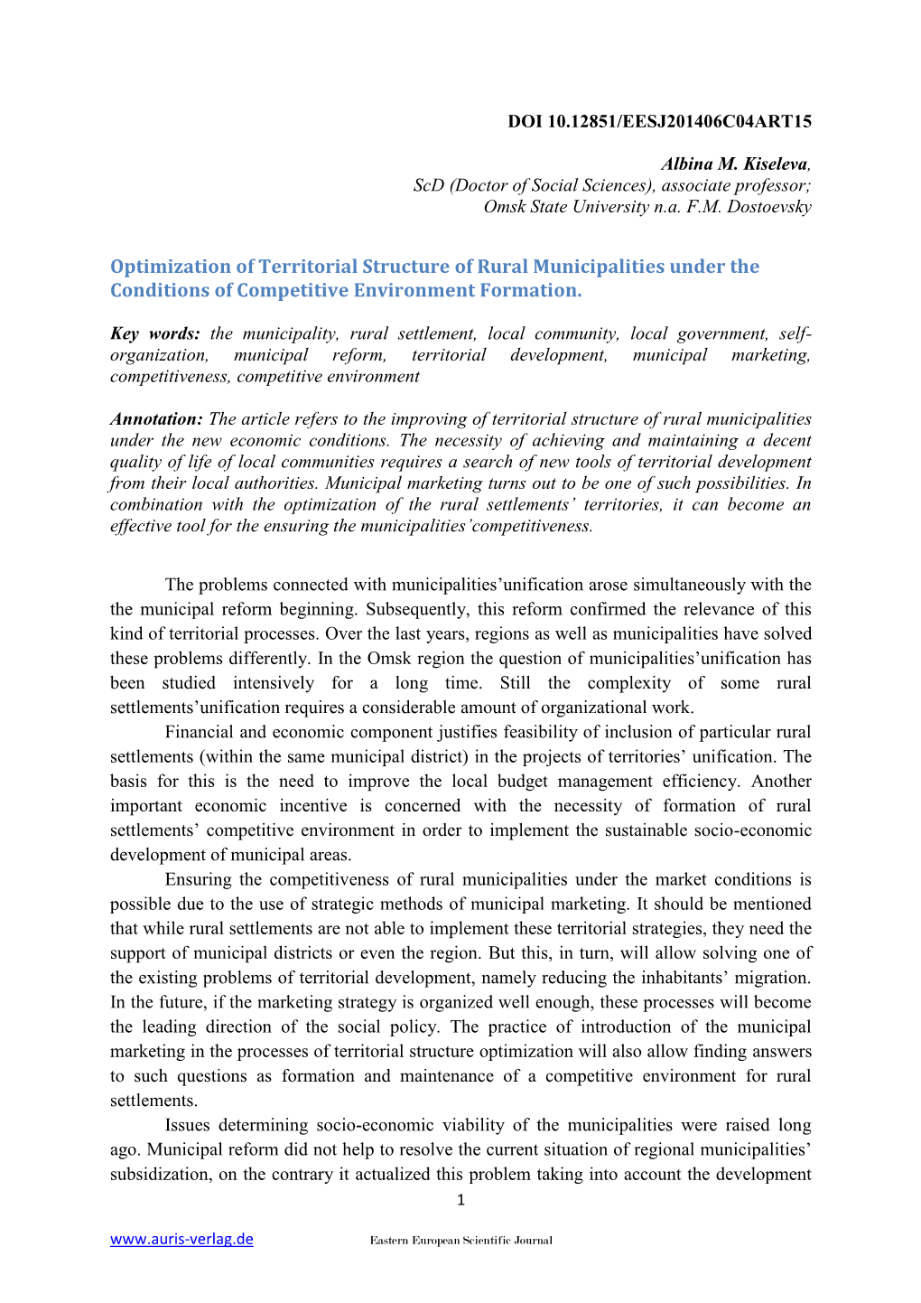 Optimization of Territorial Structure of Rural Municipalities Under the Conditions of Competitive Environment Formation