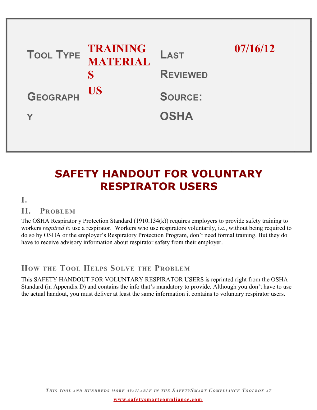 Safety Handout for Voluntary Respirator Users