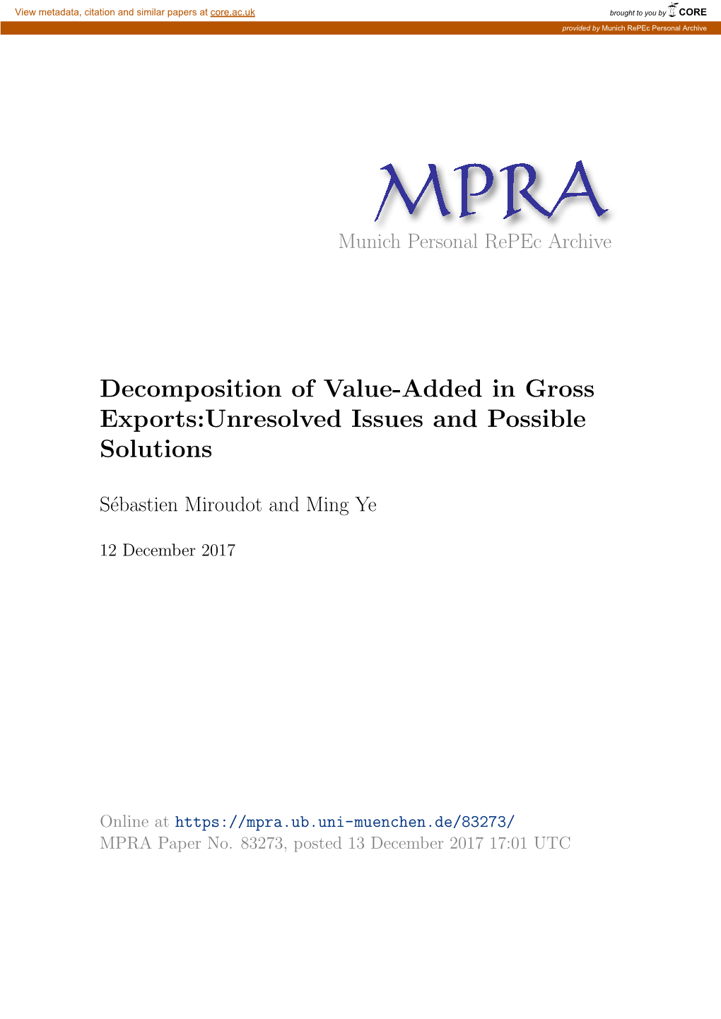 Decomposition of Value-Added in Gross Exports:Unresolved Issues and Possible Solutions