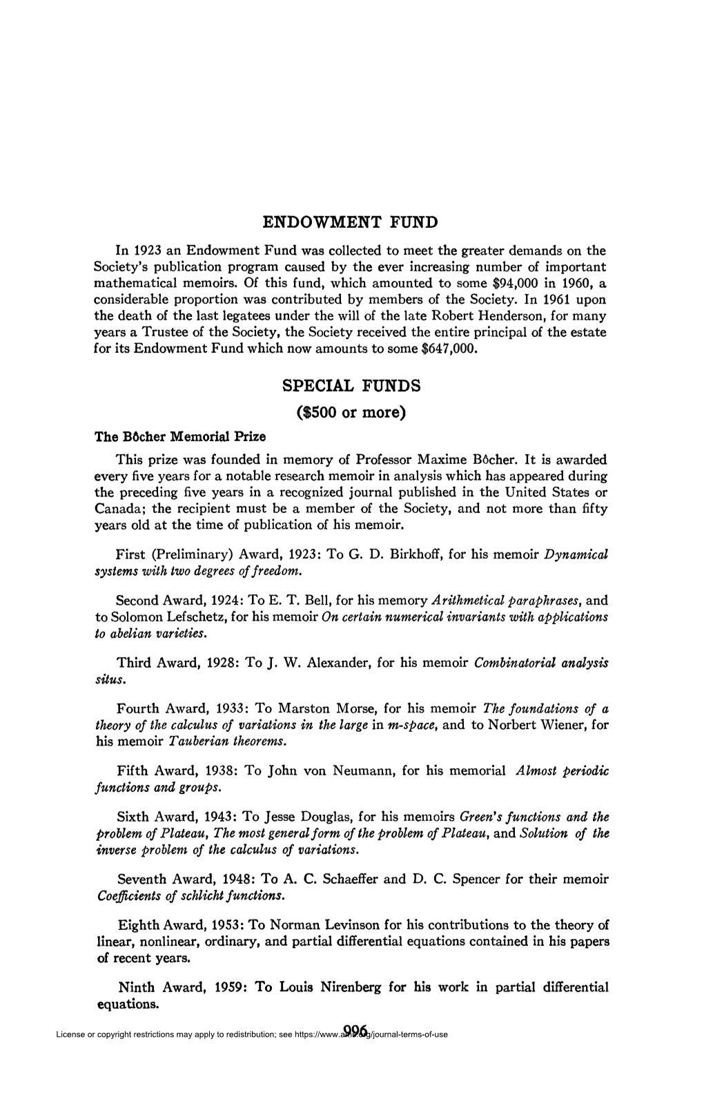 Endowment Fund Special Funds