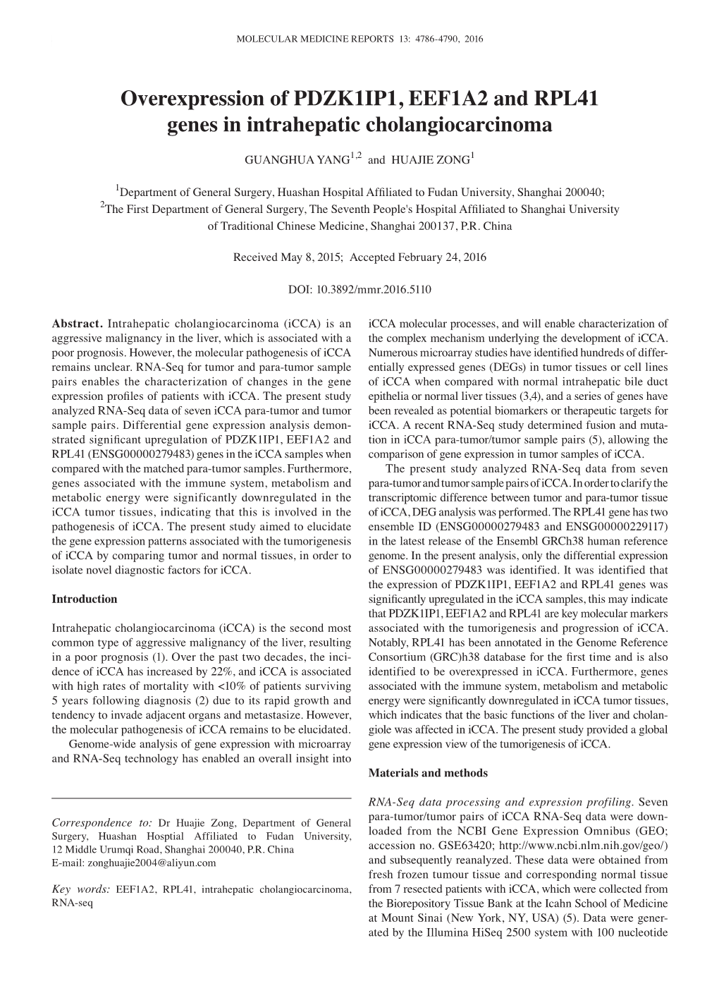 Overexpression of PDZK1IP1, EEF1A2 and RPL41 Genes in Intrahepatic Cholangiocarcinoma