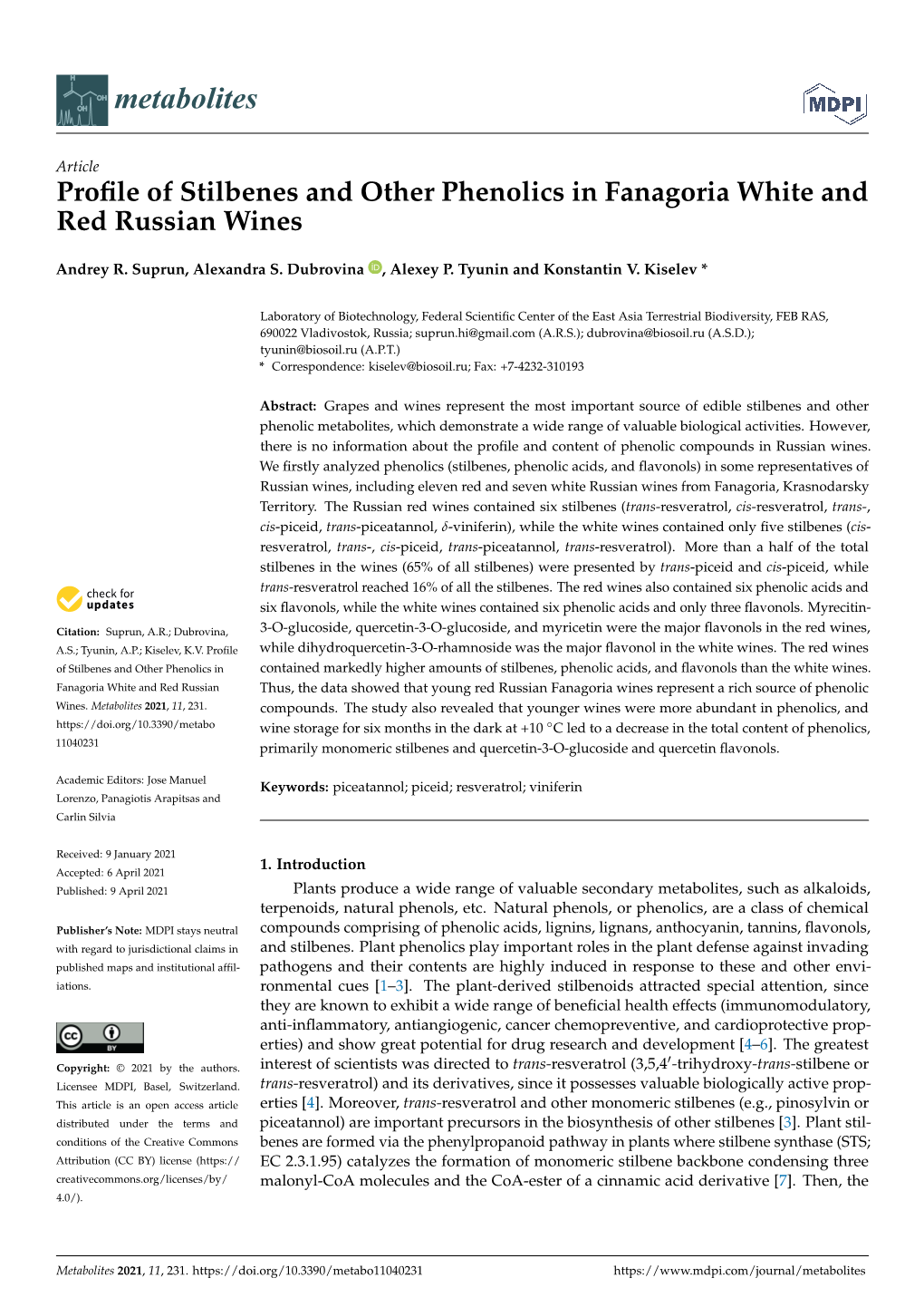 Profile of Stilbenes and Other Phenolics in Fanagoria White and Red Russian Wines