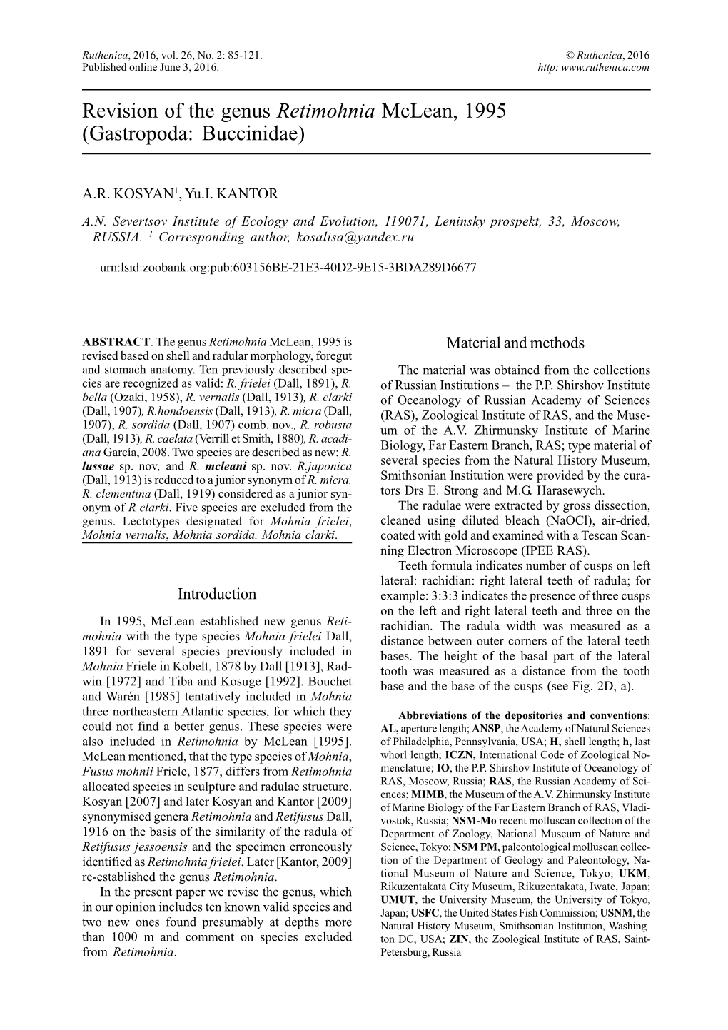 Revision of the Genus Retimohnia Mclean, 1995 (Gastropoda: Buccinidae)