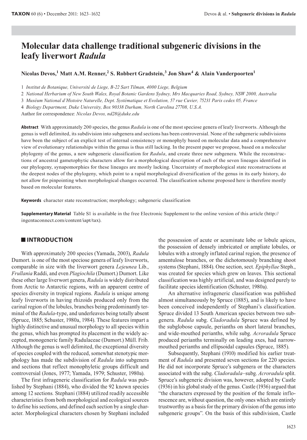 Molecular Data Challenge Traditional Subgeneric Divisions in the Leafy Liverwort Radula