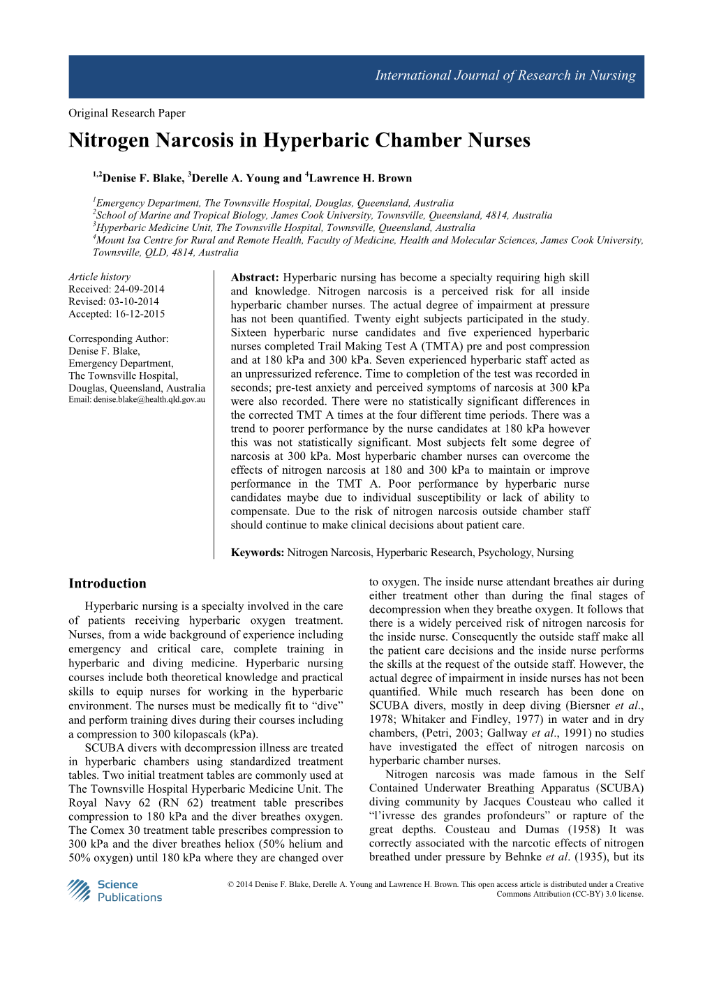 Nitrogen Narcosis in Hyperbaric Chamber Nurses