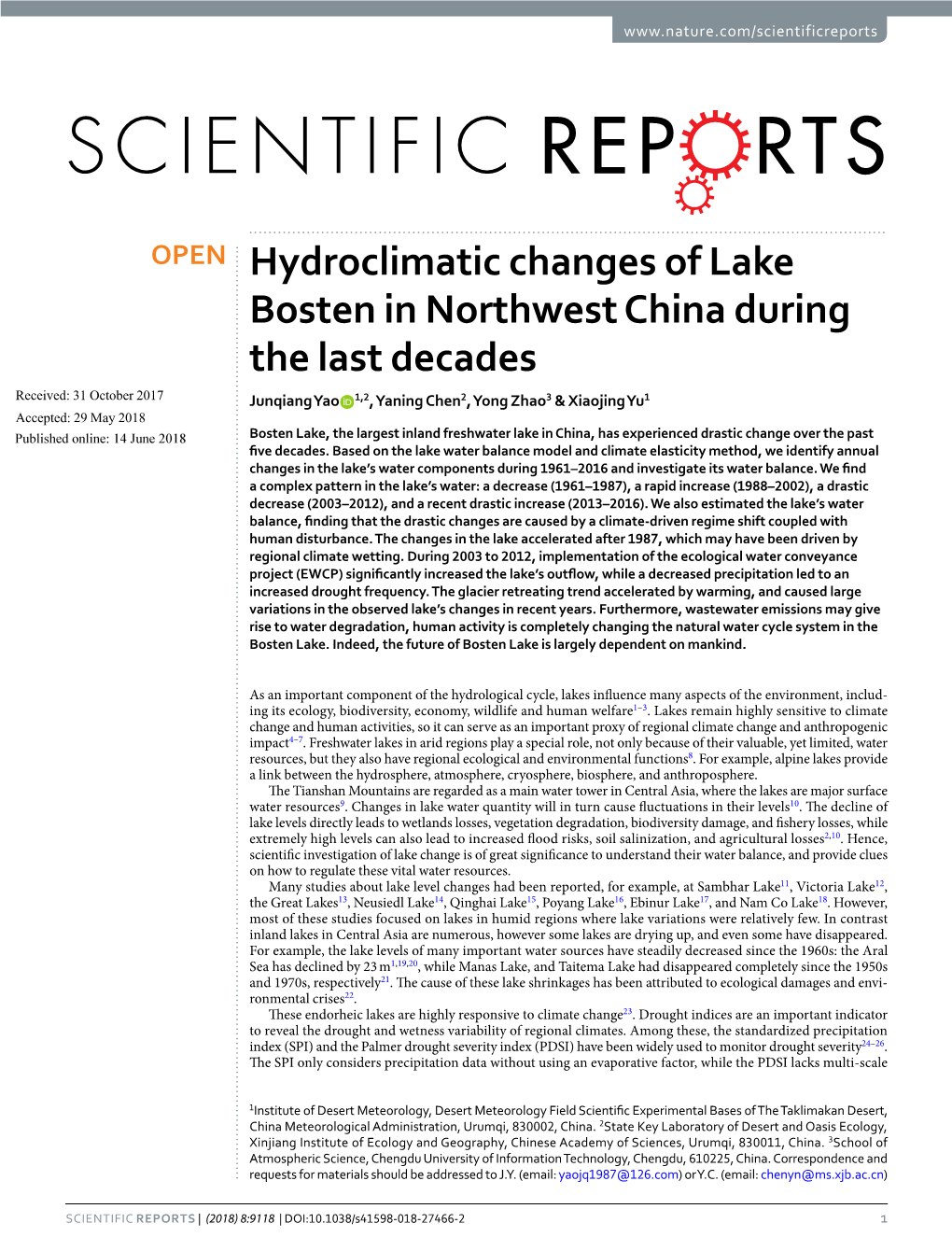 Hydroclimatic Changes of Lake Bosten in Northwest China During the Last