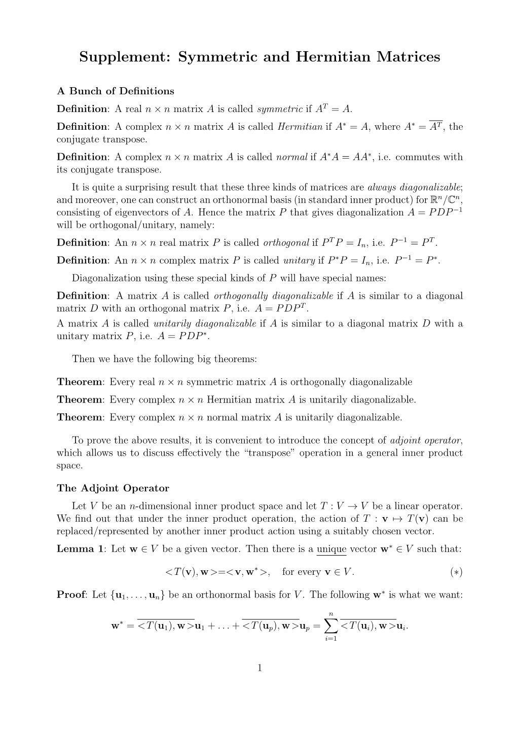 Supplement: Symmetric and Hermitian Matrices