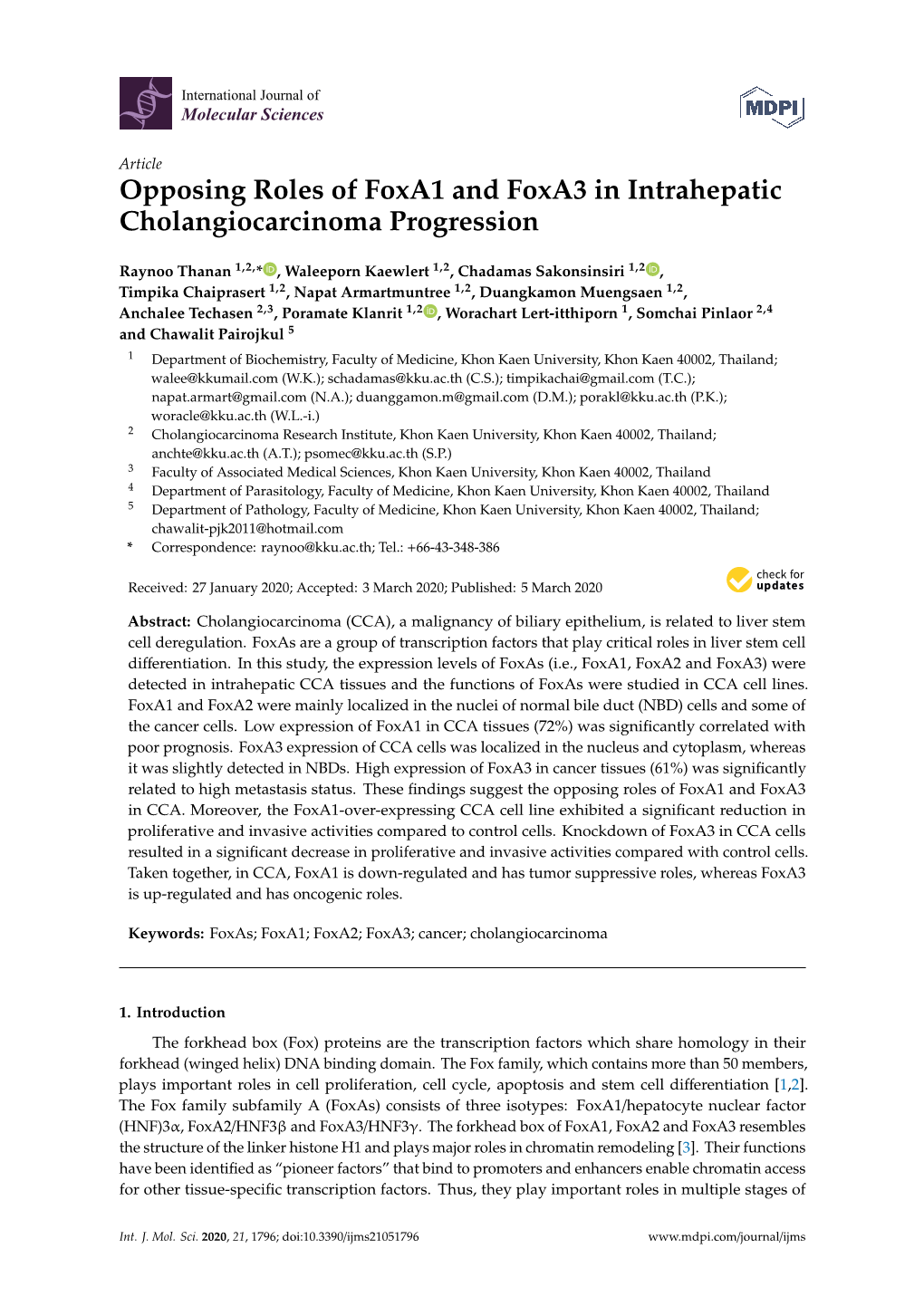 Opposing Roles of Foxa1 and Foxa3 in Intrahepatic Cholangiocarcinoma Progression