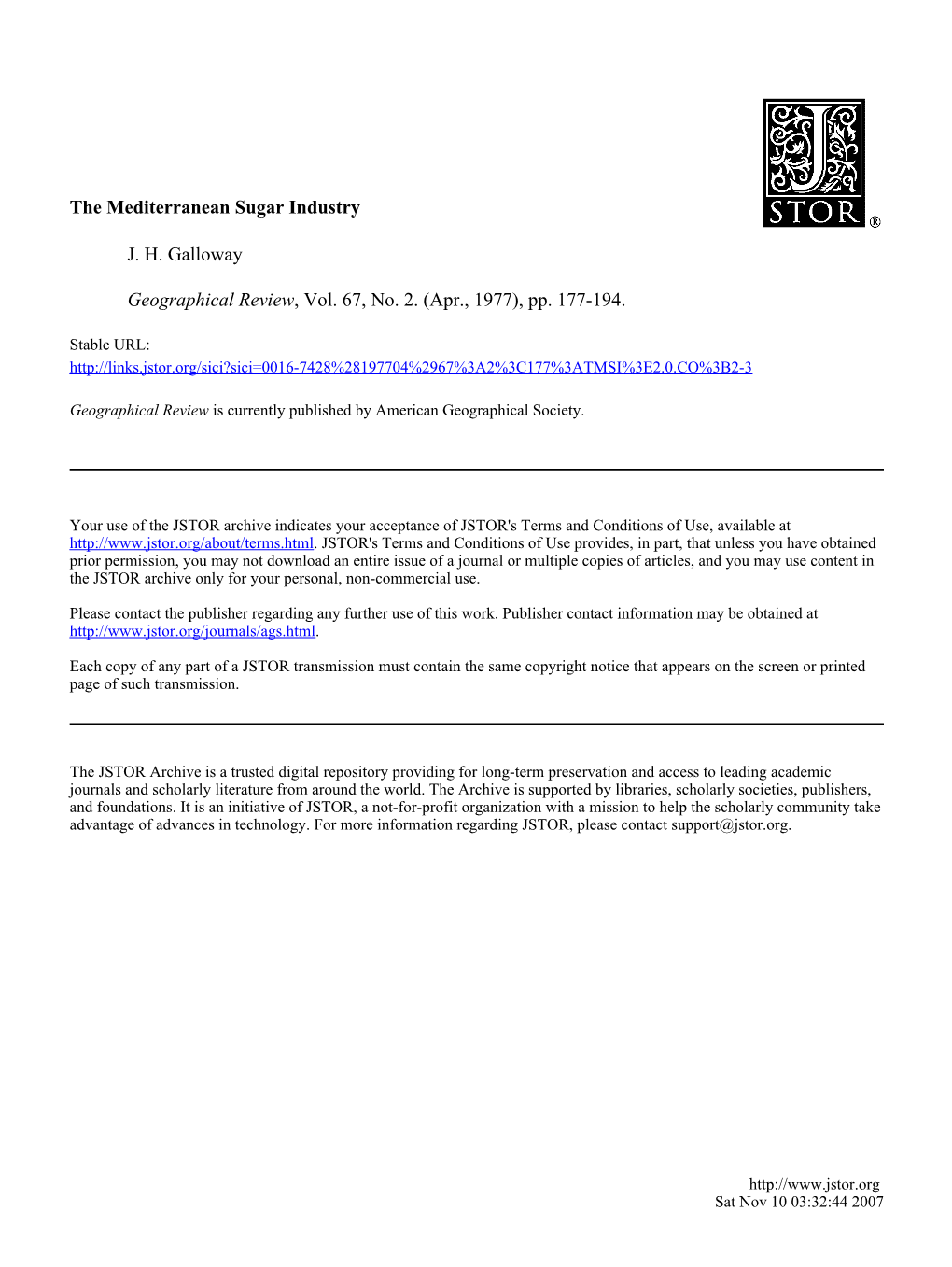 The Mediterranean Sugar Industry JH Galloway Geographical Review, Vol. 67, No. 2