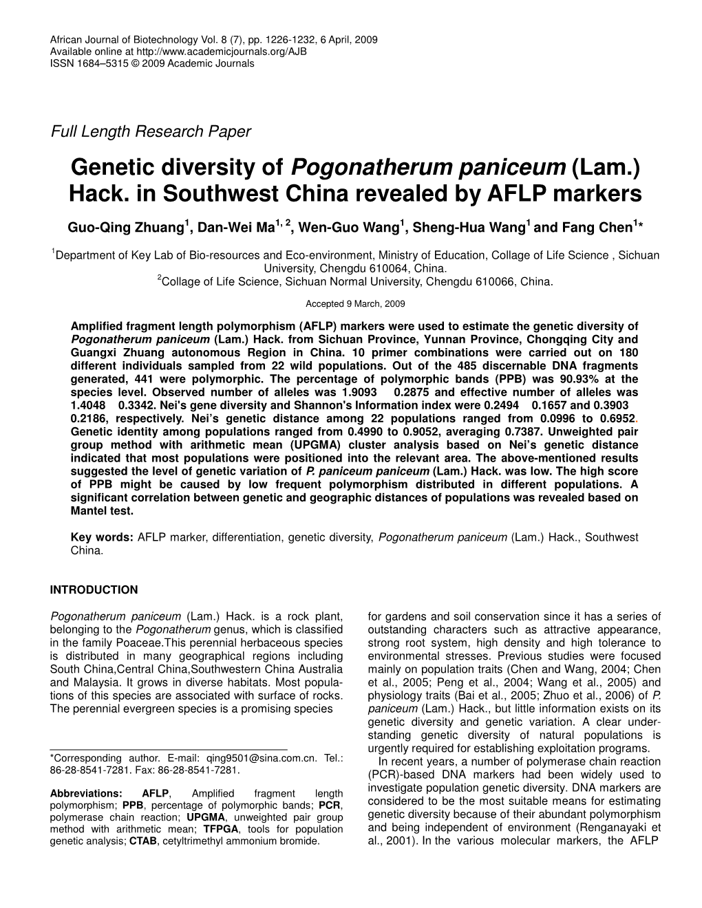 Genetic Diversity of Pogonatherum Paniceum (Lam.) Hack