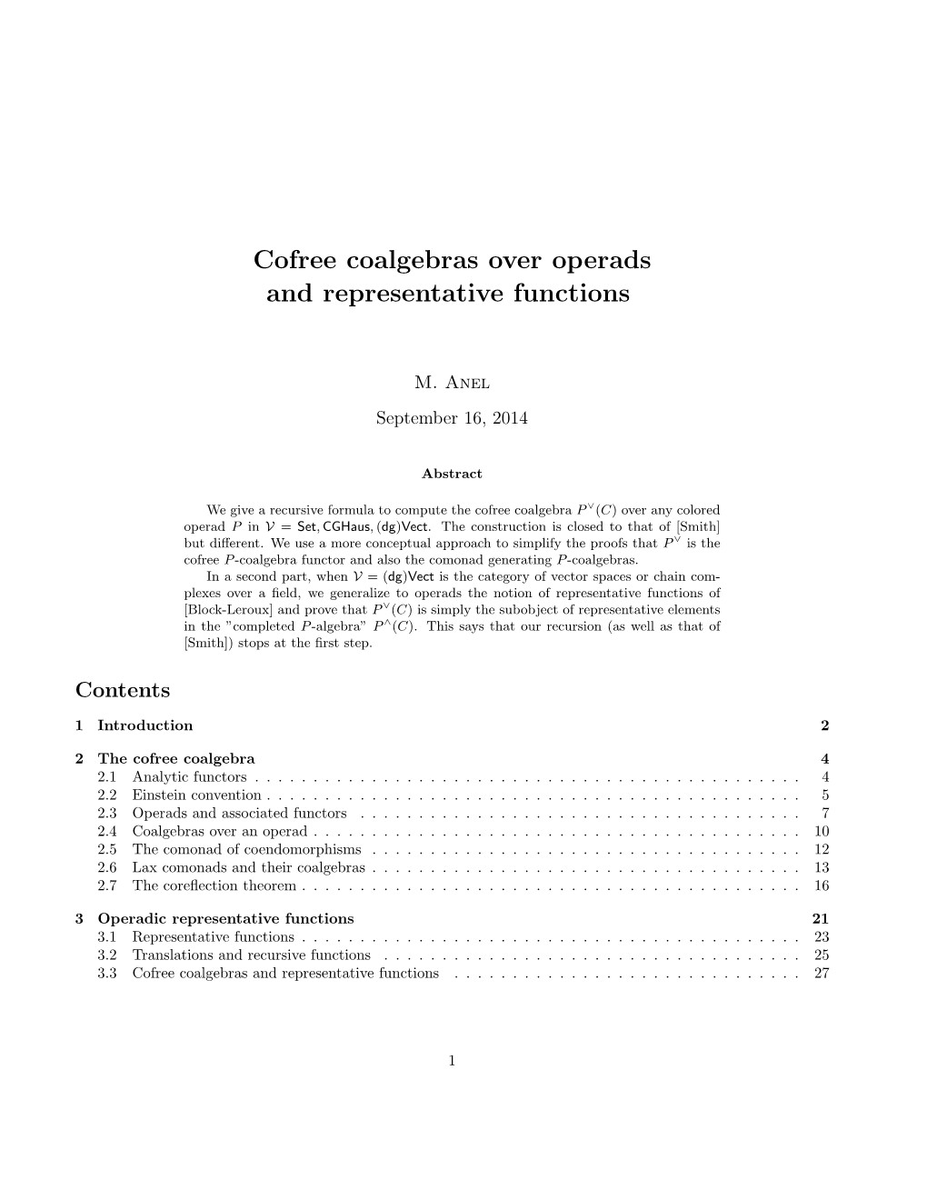 Cofree Coalgebras Over Operads and Representative Functions