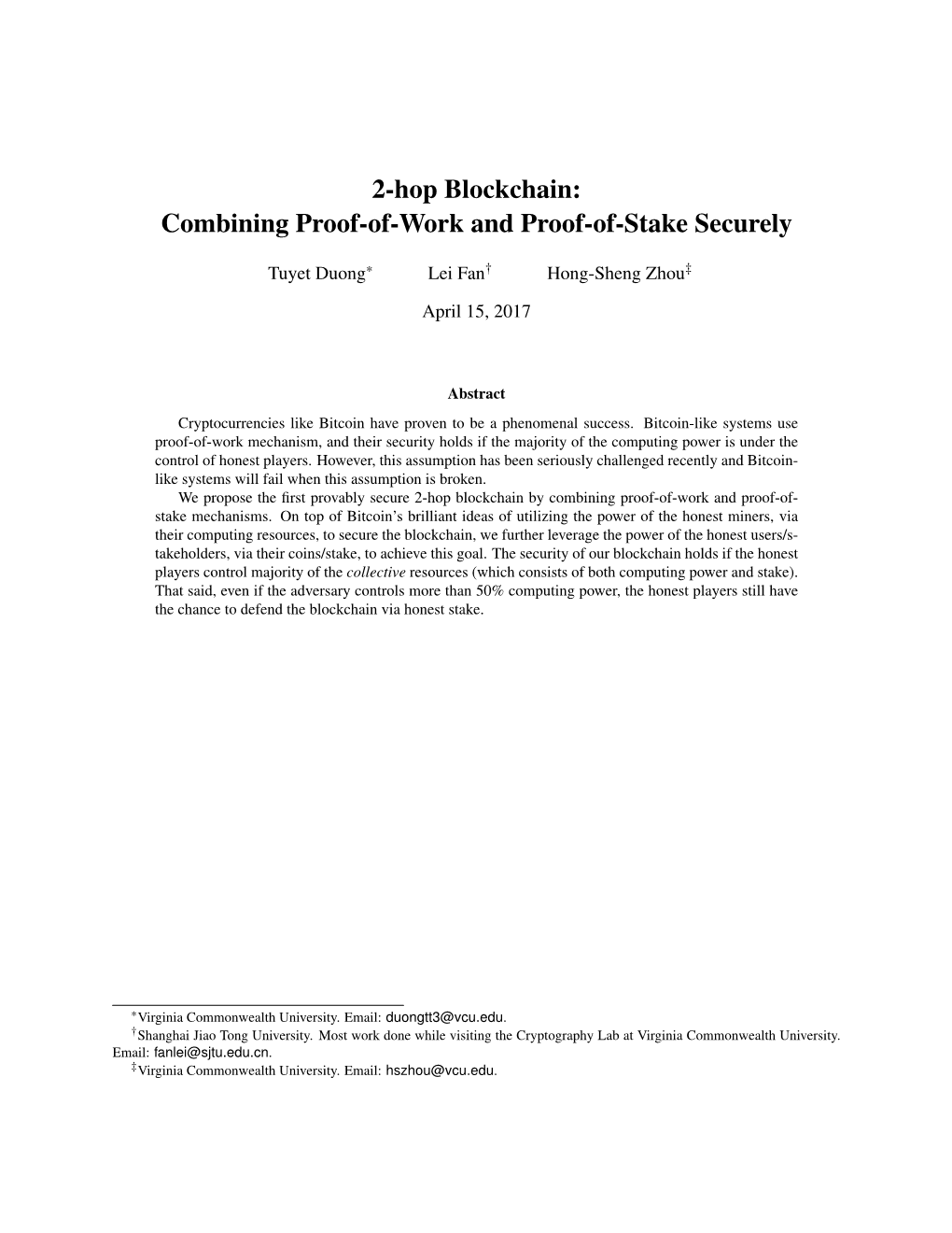 2-Hop Blockchain: Combining Proof-Of-Work and Proof-Of-Stake Securely