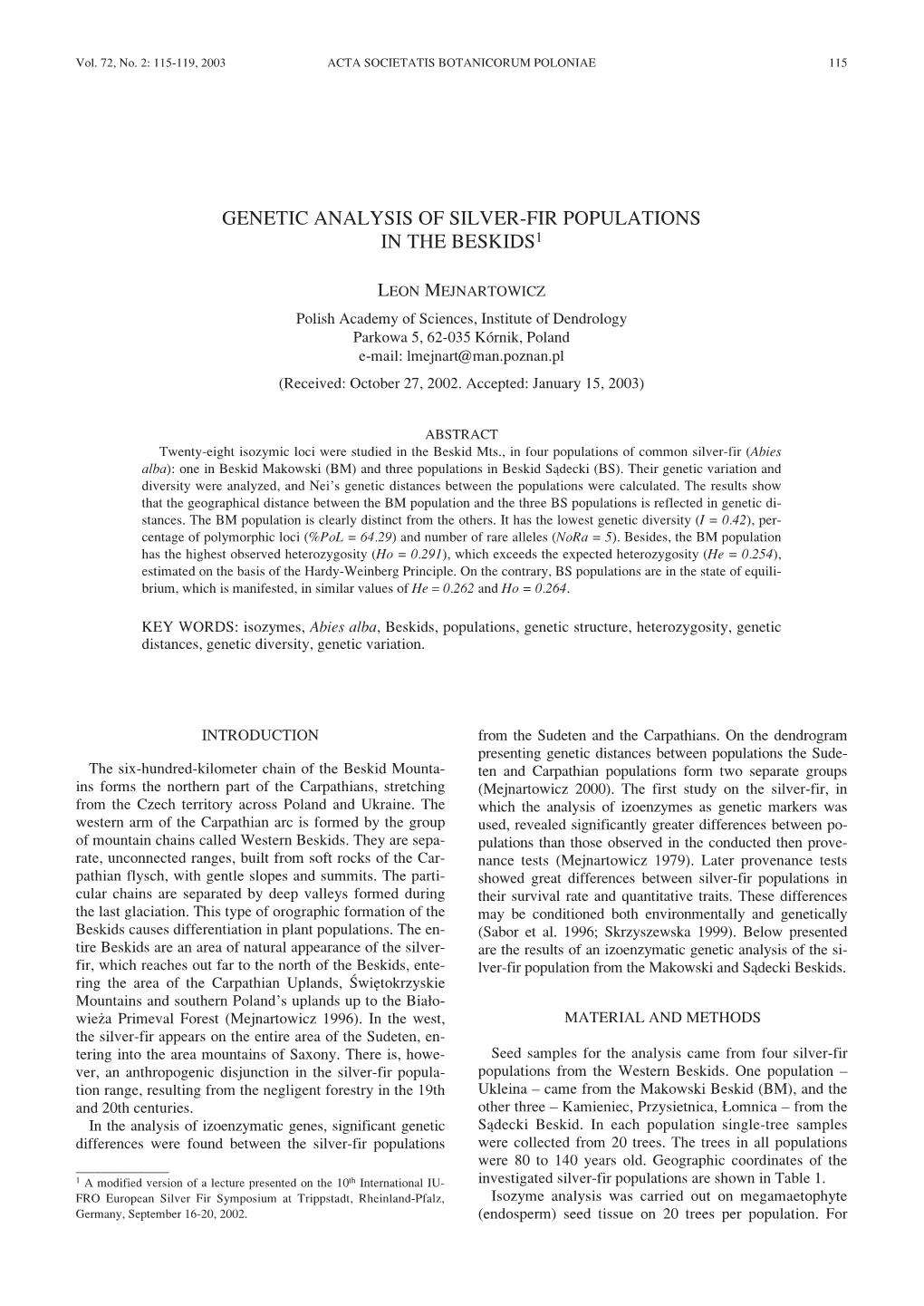 Genetic Analysis of Silver-Fir Populations in the Beskids1