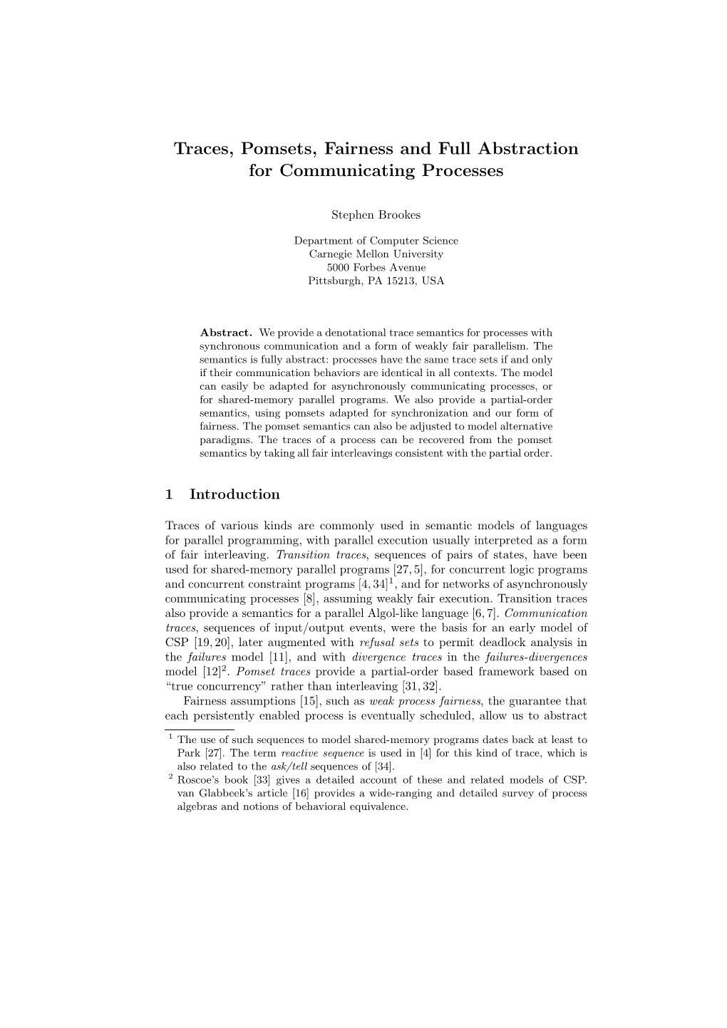 Traces, Pomsets, Fairness and Full Abstraction for Communicating Processes