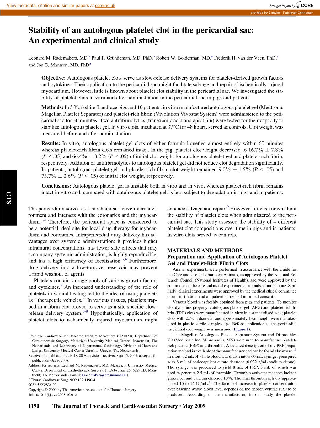 Stability of an Autologous Platelet Clot in the Pericardial Sac: an Experimental and Clinical Study