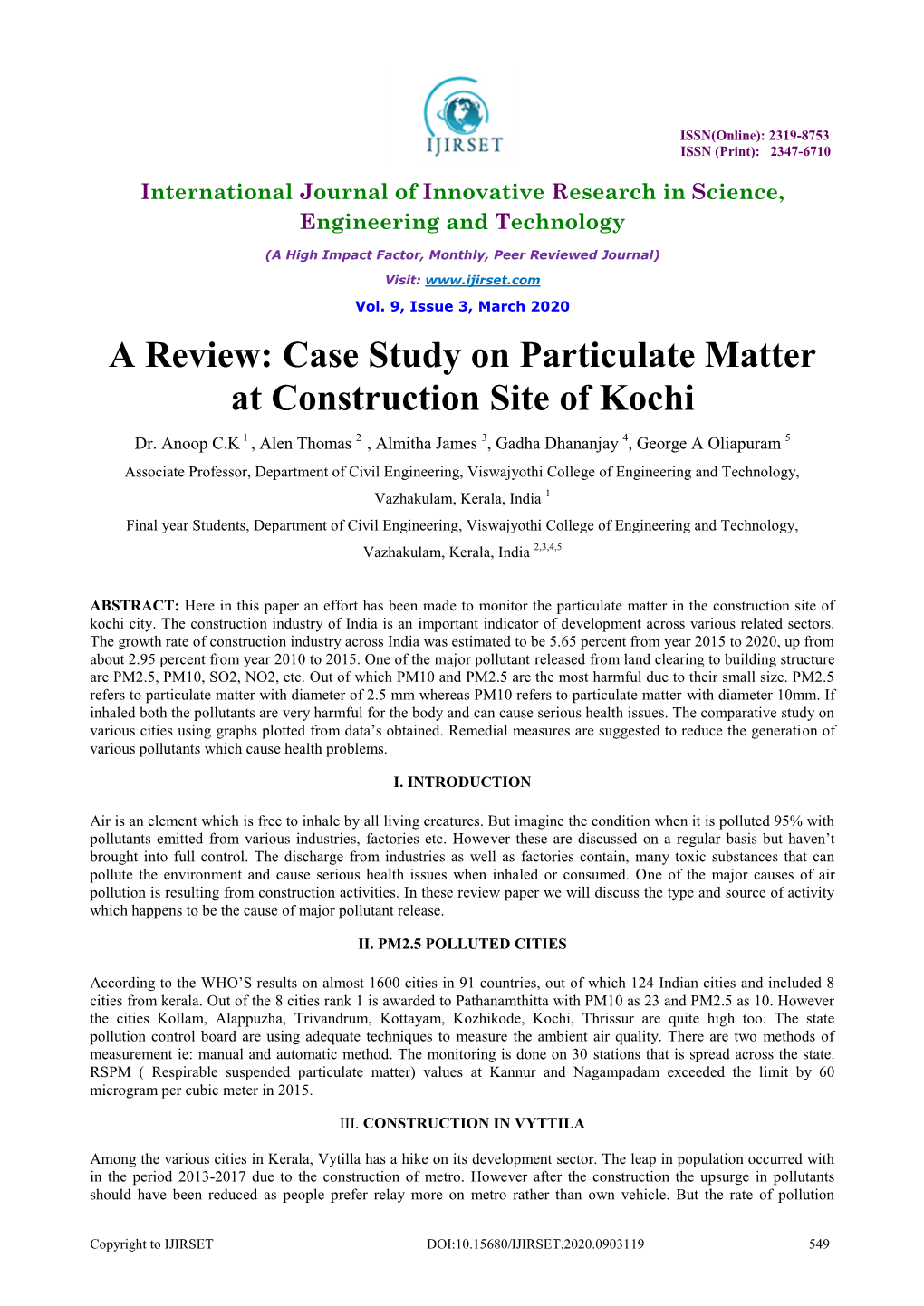 A Review: Case Study on Particulate Matter at Construction Site of Kochi