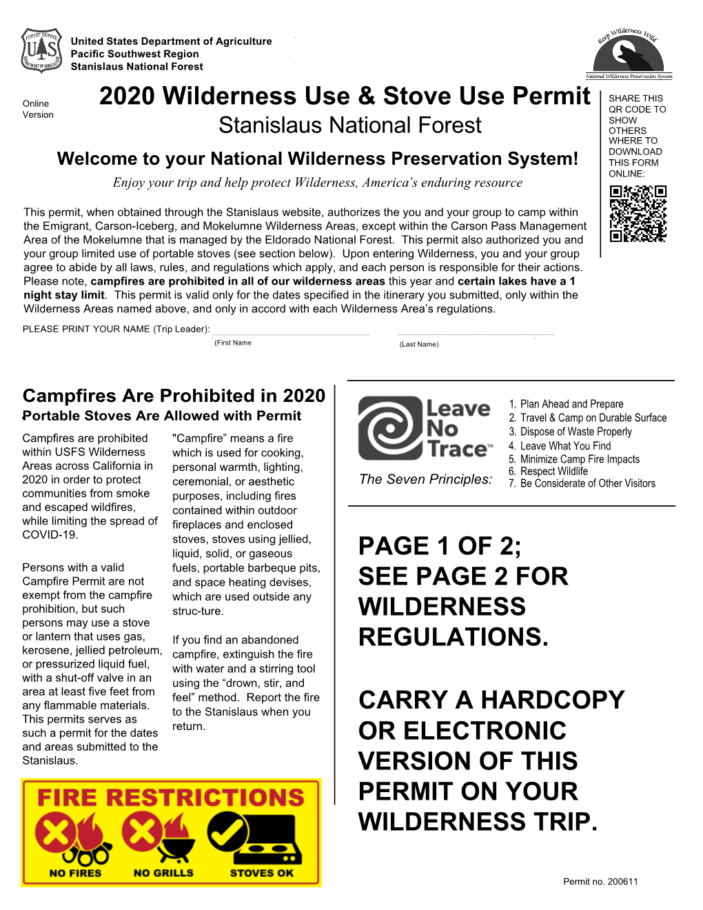 2020 Wilderness Use & Stove Use Permit PAGE 1 of 2