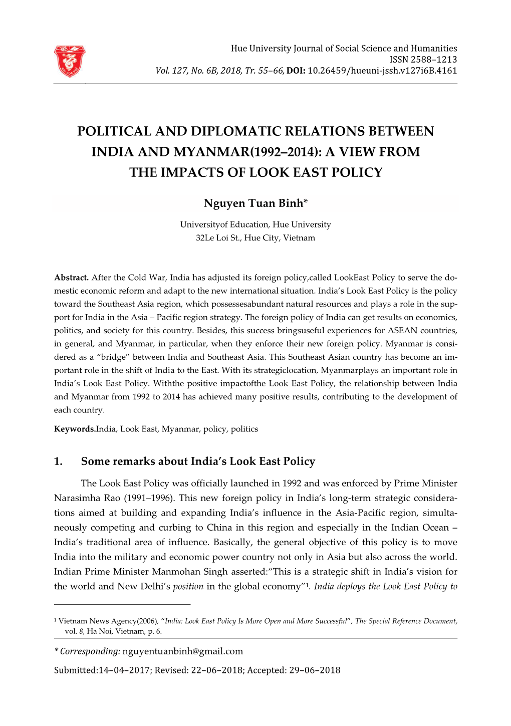 Political and Diplomatic Relations Between India and Myanmar(1992–2014): a View from the Impacts of Look East Policy