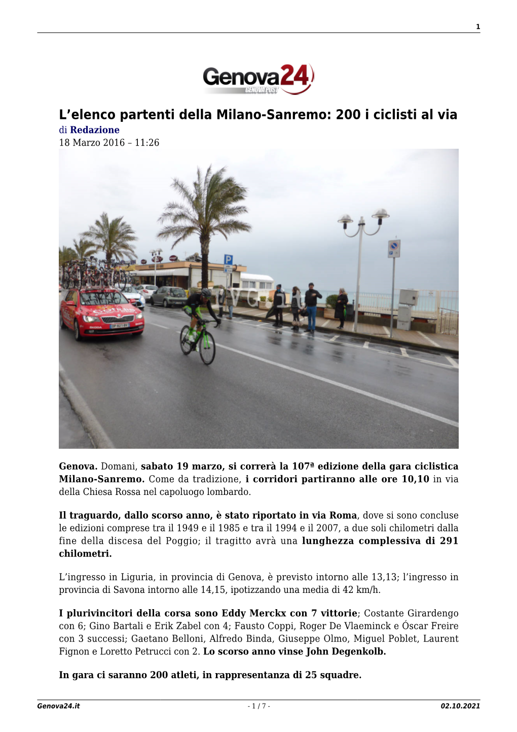 L'elenco Partenti Della Milano-Sanremo: 200 I Ciclisti Al